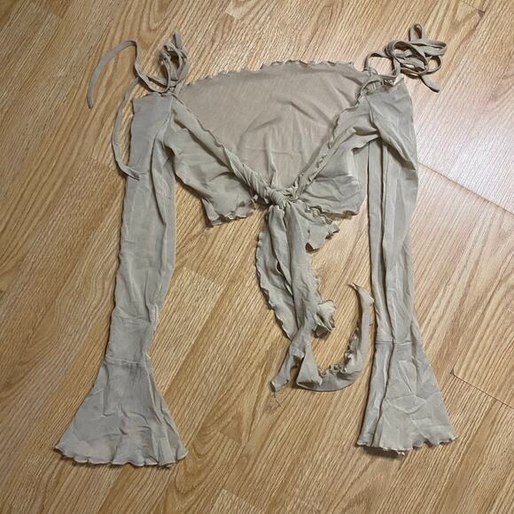 Zemeta Beige Mesh Tie Crop Top Long Sleeve Sheer Velvet Brown Stripes Size Small - Picture 3 of 10